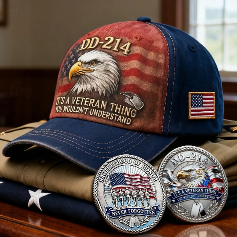 Casquette de baseball brodée pour vétéran (DD-214) avec 2 pièces commémoratives – motif aigle patriotique, broderie « C'est un truc de vétéran », coffret de pièces de la Fraternité d'honneur, cadeau de 2026 ? $31.99 –P1