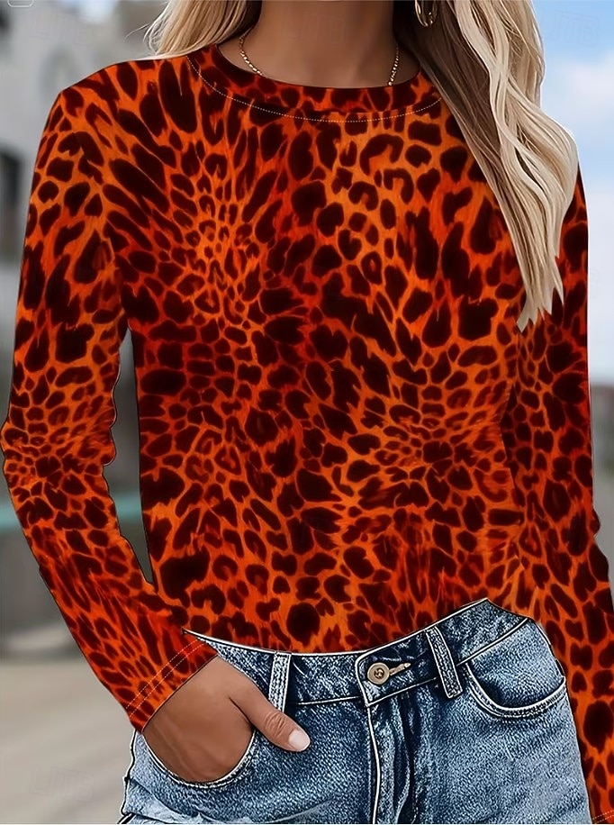 Mulheres Camiseta Imprimir Gráfico Geométrica Abstrato Vintage Moda à moda Manga Longa Gola Redonda Tops regulares Diário Azul Vermelho Roxo Fúcsia Marron Verão Primavera de 2026 por $24.99 –P7