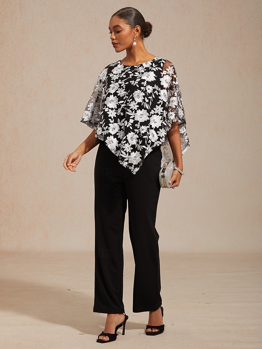 2026年 女性用 ブラウス レーストップス レース 刺繍 フラワー エレガント ハーフスリーブ バットウィングスリーブ クルーネック 日常 結婚式のゲスト ブラック 夏 春 秋  コレクション – $86.99 –P7