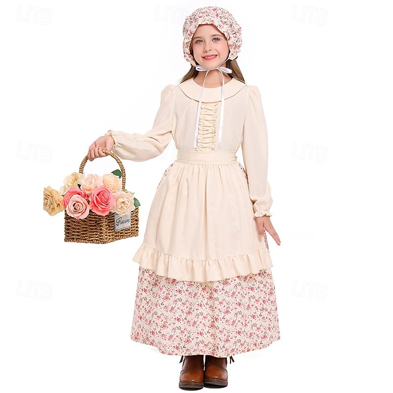 250º Aniversario de EE. UU. Siglo 19 década de 1800 Vestido de la pradera Conjunto de gorro y delantal Larga Chica pionera Colonial Pionero Guerra Revolucionaria Estampado Floral Disfraz Chica 2026 - $39.99 –P4