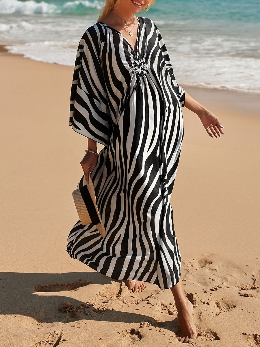 Damskie Sukienka maxi sukienka plażowa Codzienne sukienki Sukienka Boho Cover Up Elegancja Moda Nowoczesny Na zewnątrz Plaża Urlop Luźna Prążki Krótki rękaw W serek Niebieski Czarny Biały Rumiany róż 2026 - $32.99 –P1