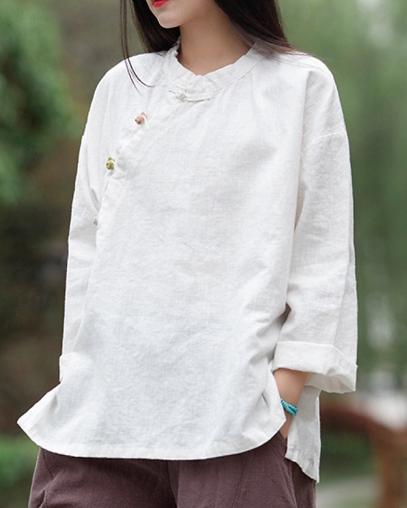 Camicia da donna a maniche lunghe con colletto alla coreana in lino biologico del 2026 a $45.99 –P11
