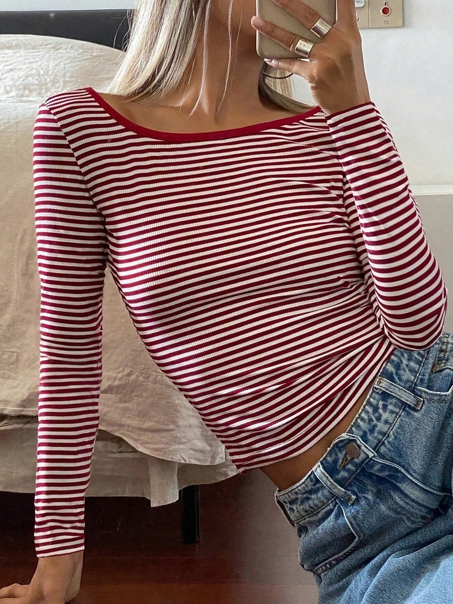 Per donna Maglietta Stampato A righe Moda Elegante Classico Manica Lunga Girocollo Top Regolari Quotidiano Uscire Weekend Nero Rosa Rosso Blu marino Estate Primavera del 2026 a $21.99 –P10