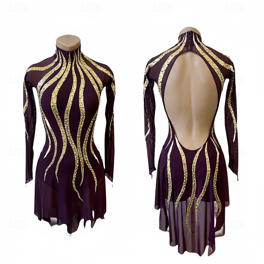 Figure Skating Dress Women's Ice Skating Dress Fuchsia Patchwork Open Back Stretchy Training Competition Skating Wear Classic Crystal / Rhinestone Long Sleeve Ice Skating Figure Skating 2026 - $348.29 –P1