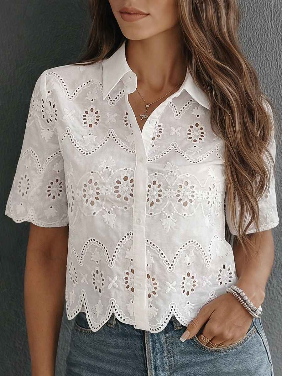 Dames Blouse Vetergat Effen Kleur Stijlvol Casual Korte mouw Overhemdkraag Normale tops Dagelijks Wit Zomer Lente Herfst 2026 - $33.99 –P2