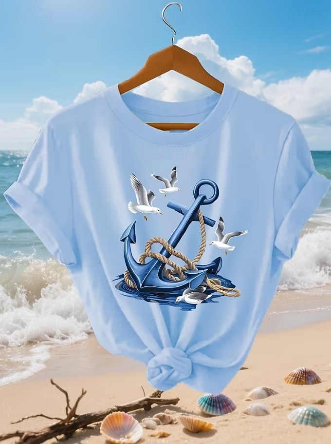 Per donna Maglietta Stampato Grafico Ancora Vintage Elegante Classico Manica Corta Girocollo Top Regolari Quotidiano Weekend Blu Bianco Estate Primavera del 2026 a $22.99 –P2
