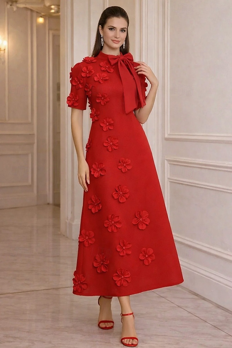 Krój A Do kostki Sukienka koktajlowa Elegancja Krótki rękaw Sztuczna szyja Impreza w ogrodzie Ślub Rozciągliwa krepa z Kwiaty 3D 2026 - $194.99 –P4