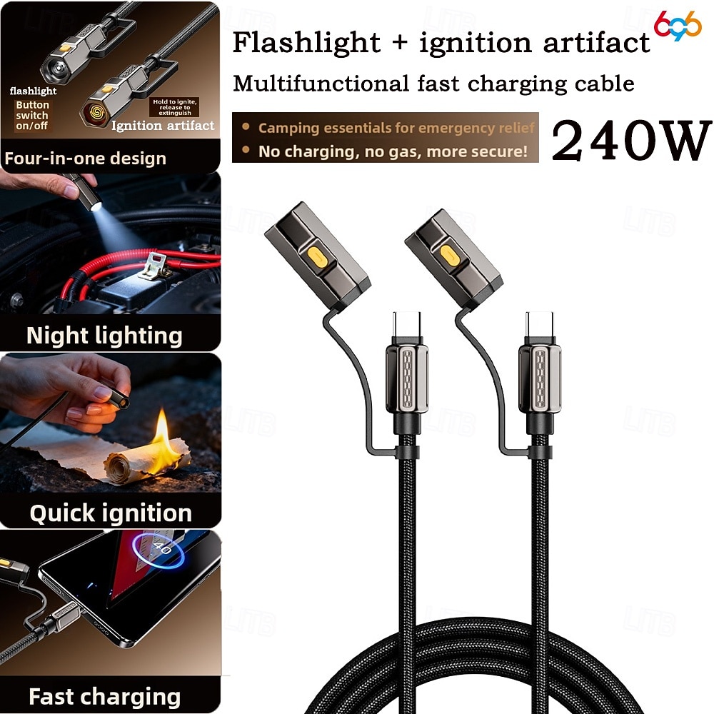 2026年 240W 4-in-1フラッシュライト点火マルチ機能データケーブル2パックApple 17 Proファーウェイシャオミ3.94フィート対応  コレクション – $19.99 –P10