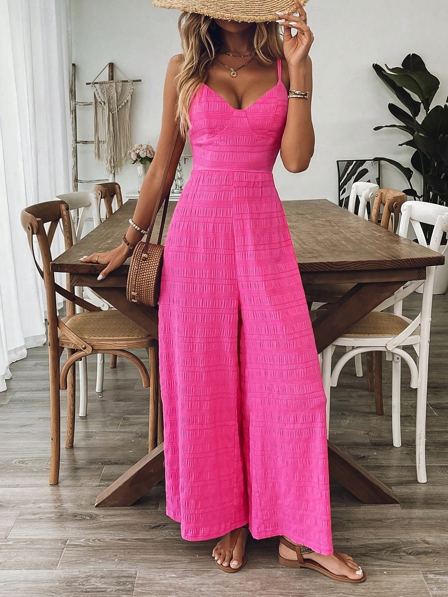 Per donna Normale Tuta Attivo Tinta unica Senza Maniche Gamba larga Scollo a V Fiocco Senza schiena Quotidiano Vacanza Vestibilità regolare Fucsia Estate del 2026 a $25.99 –P4