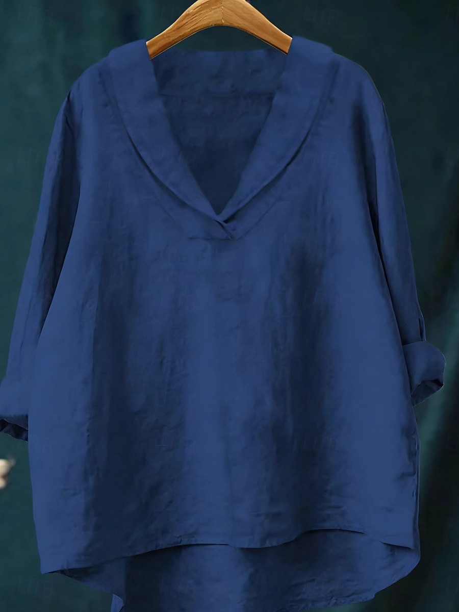 Mujer Camisa Camisas de algodón y lino Lino de algodón sintético Retazos Plano Elegante Clásico Moderno Manga Larga Escote en Pico Tops regulares Diario Festivos Noche Negro Blanco Amarillo Rojo Azul 2026 - $24.99 –P5