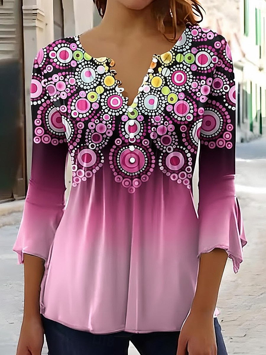 Camiseta Feminina T-Shirt Ombre Gráfica Floral Elegante Vintage Estilosa Manga 3/4 Decote V Tops Longos Regulares Diários Saída Botões Azul Verde  Azul Rosa Verão Primavera de 2026 por $26.99 –P2