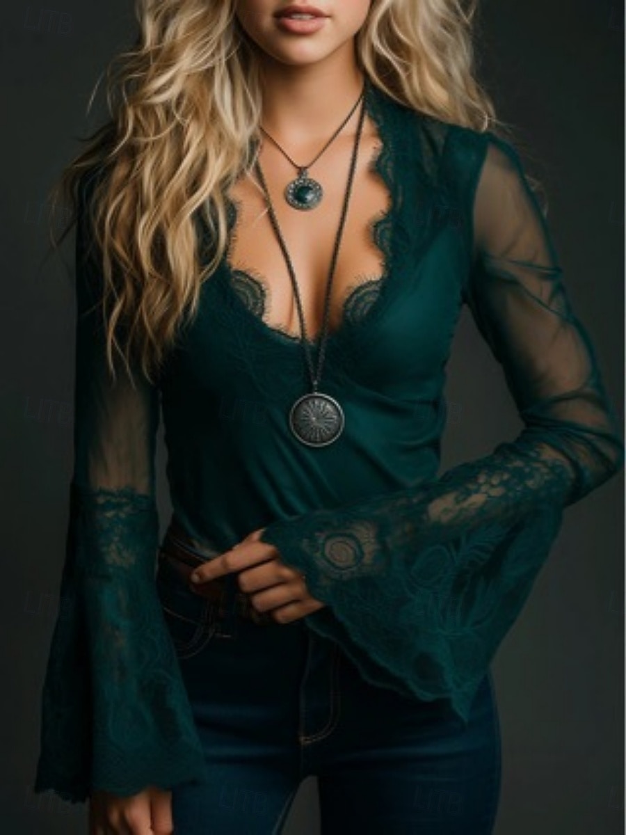 Damen Hemd Bluse Spitzentops Spitze Netz Einfach Stilvoll Basic Klassisch Langarm V Ausschnitt Normale Oberteile Täglich Ferien Ausgehen Grün Frühling Herbst 2026 - $65.99 –P1