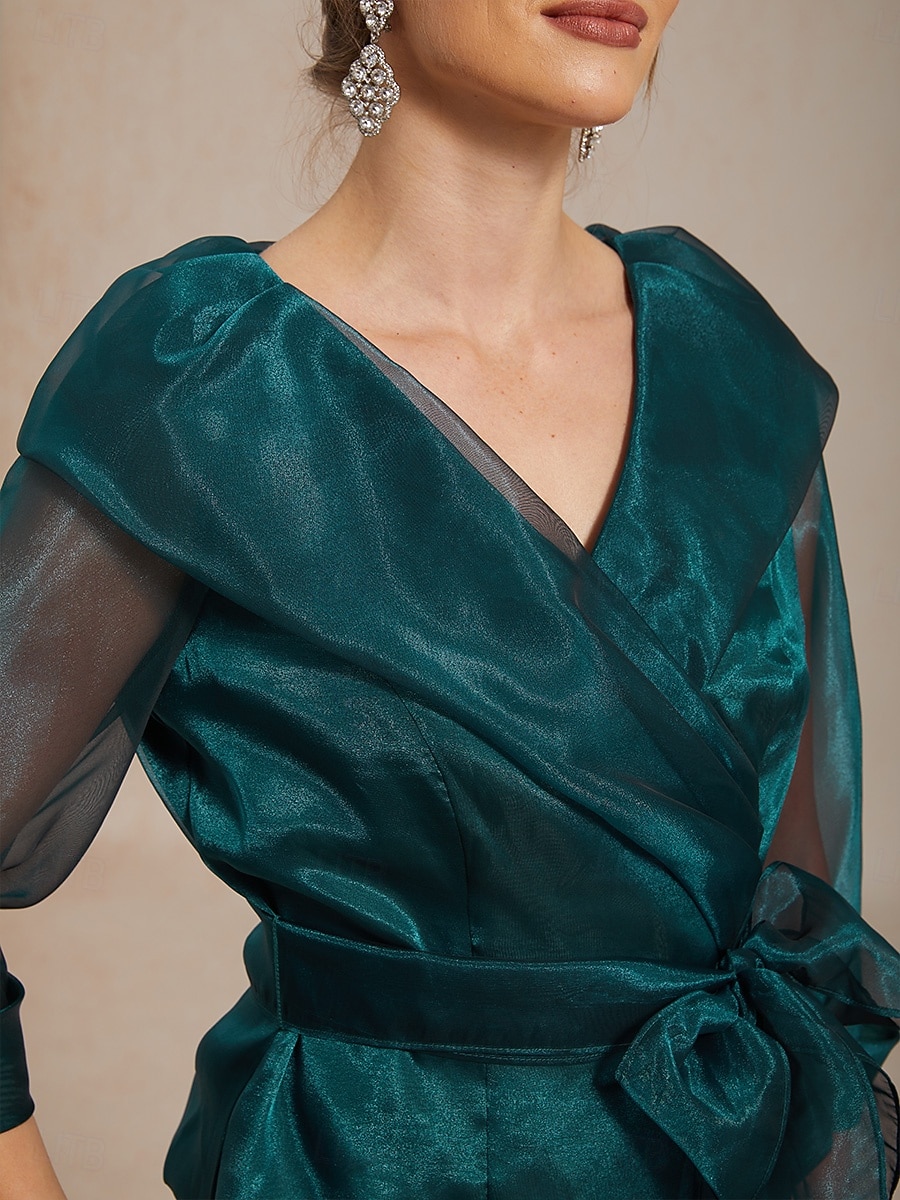 Dame Dressy topper knyte foran Illusjon Elegant 3/4 ermer V-hals Skjortekrage Vanlige topper Bryllupsgjest Cocktail antrekk Smaragd Grønn Sommer Vår Høst 2026 - $98.99 –P3