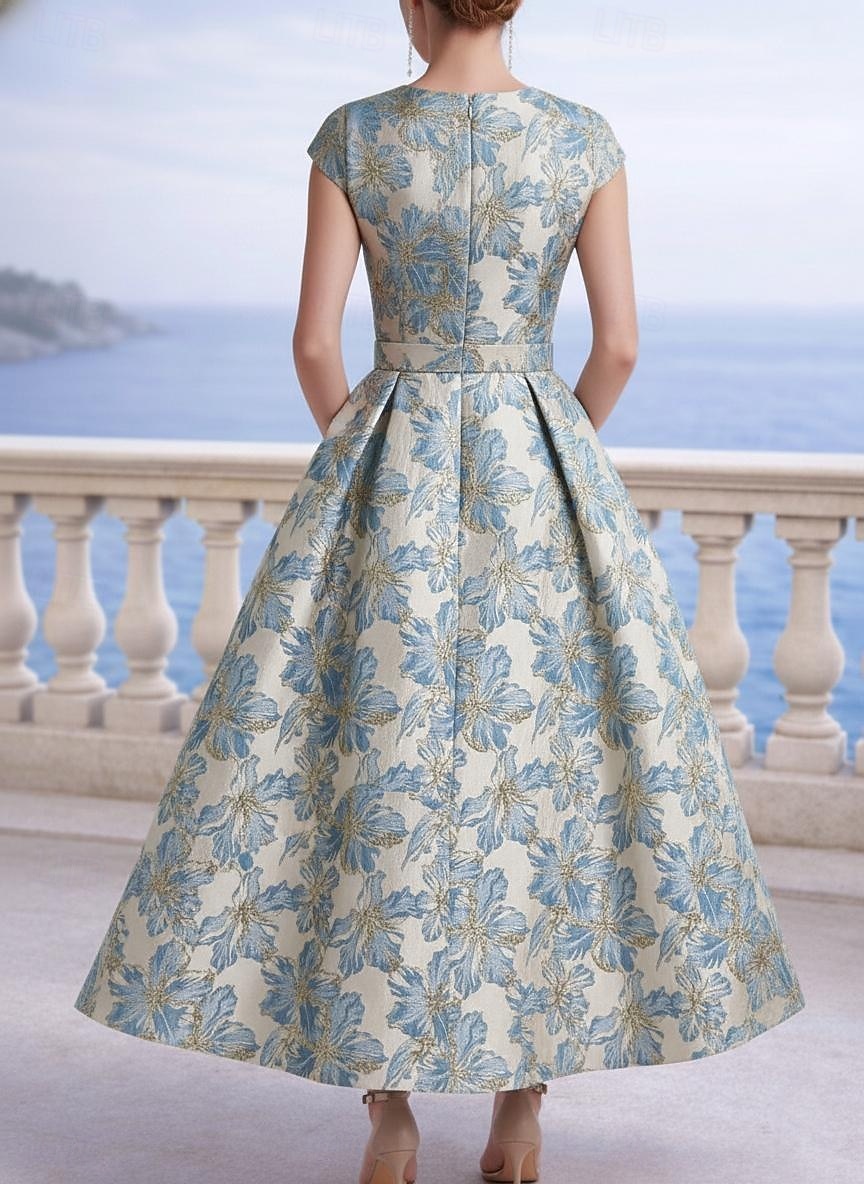 A-الخط طول الكعب فساتين متنوعه أنيق زهري كم قصير V رقبة حفلة في الحديقة زفاف جيبة قماش الجاكار مع طباعة الأزهار طيات جيبة 2026 - $152.99 –P3