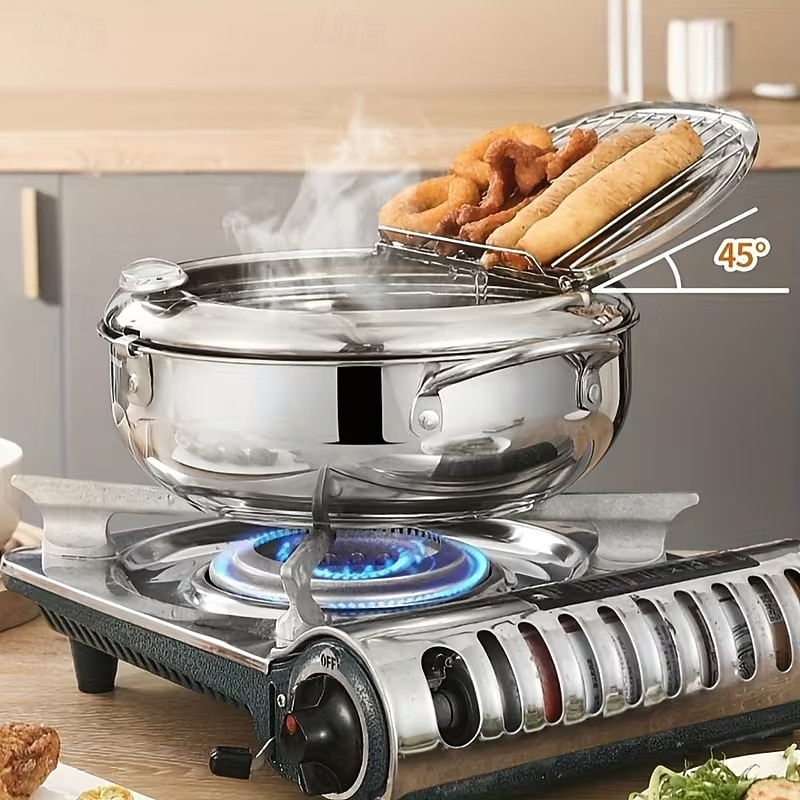 Friteuse van 304 roestvrij staal met temperatuurregeling, multifunctionele oliebesparende frituurpan met uitneembaar filtermandje, universele voet voor gasfornuis &inductiekookplaten, frituurpan van 2026 - $42.99 –P6