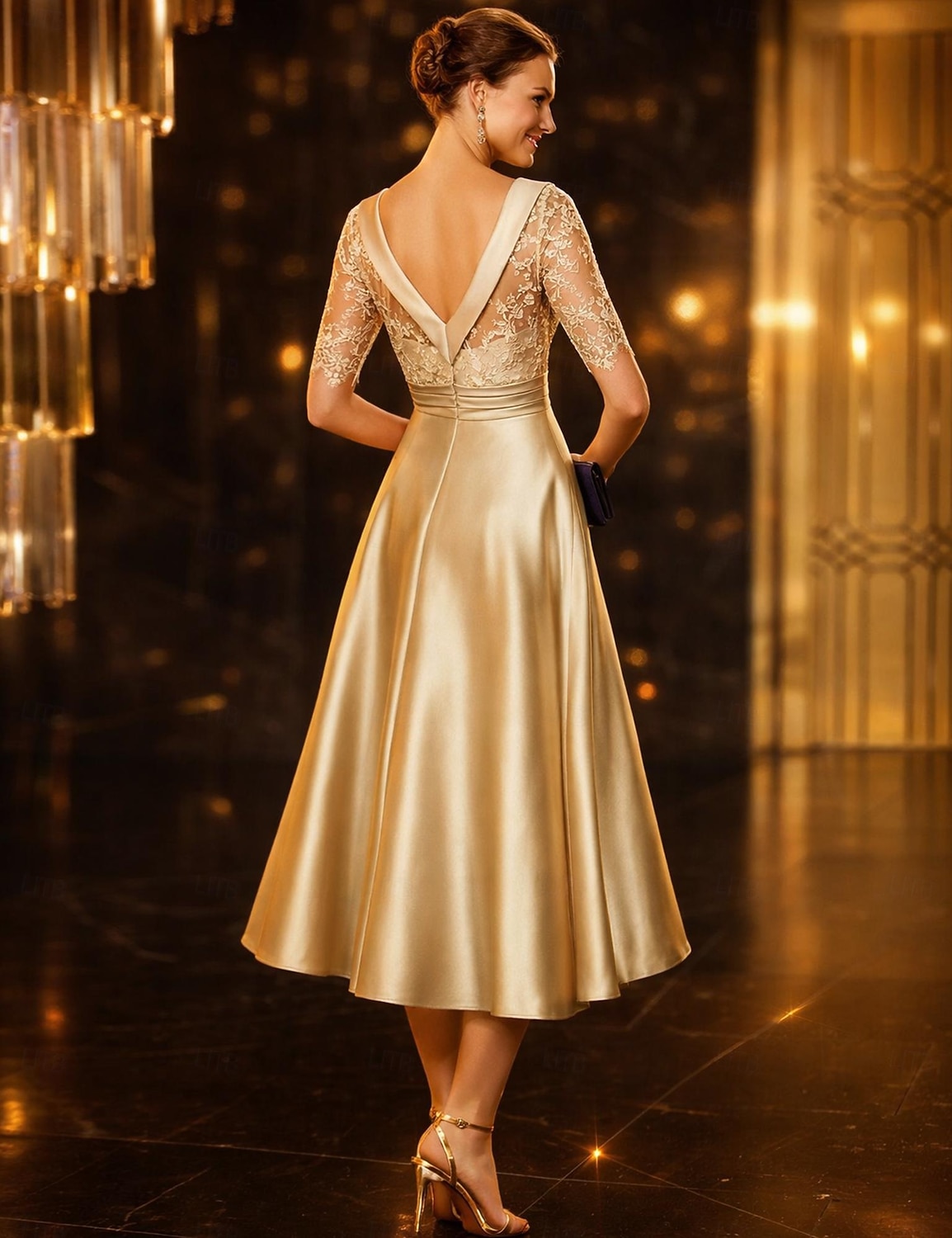 A-الخط طول الساق فستان الحفلة فستان كوكتيل فستان زفاف ضيف فستان أم العروس نصف كم رقبة سكوب أنيق عتيق ضيف حفل زفاف ساتان دانتيل مع روش زينة 2026 - $109.99 –P2