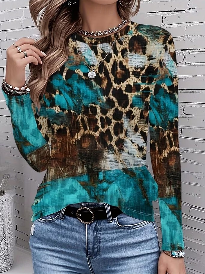 Mulheres Camiseta Imprimir Gráfico Geométrica Abstrato Vintage Moda à moda Manga Longa Gola Redonda Tops regulares Diário Azul Vermelho Roxo Fúcsia Marron Verão Primavera de 2026 por $24.99 –P2