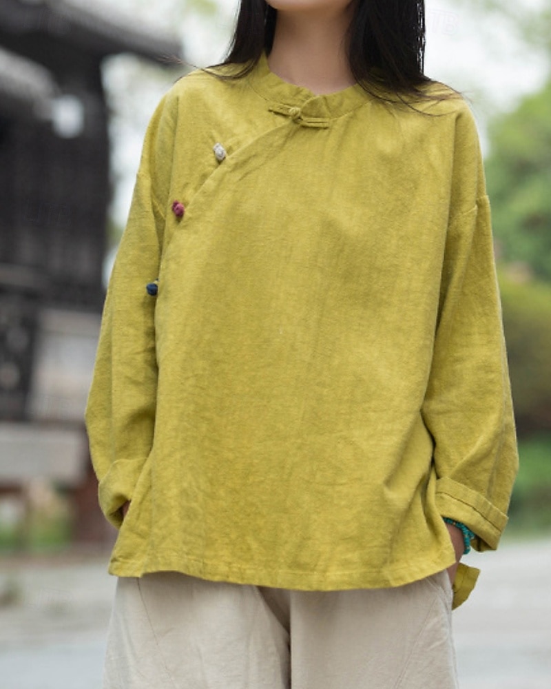 Camicia da donna a maniche lunghe con colletto alla coreana in lino biologico del 2026 a $45.99 –P2