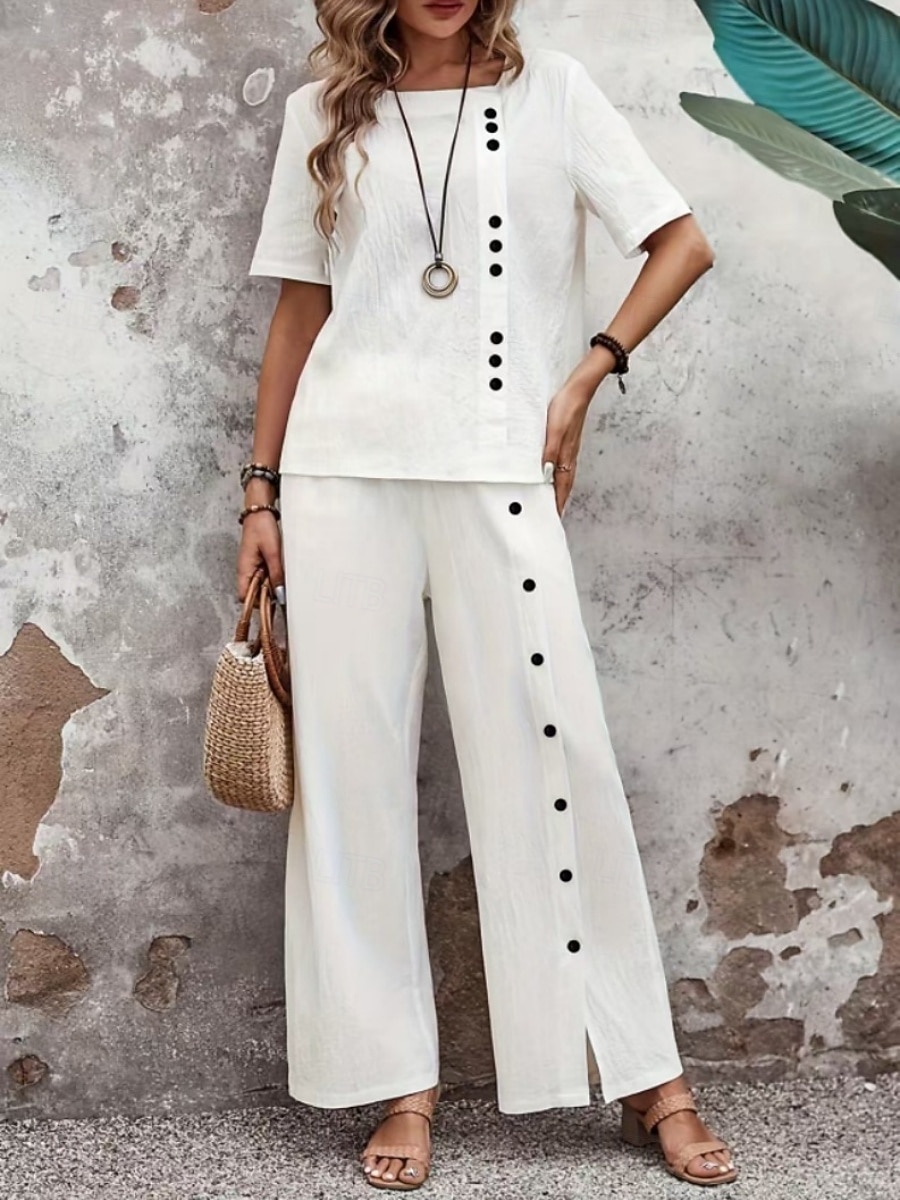 Women's Pants Sets Bolero Faux Cotton Linen Short Sleeve Crew Neck Solid Color Fashion Streetwear Casual Daily Outdoor Blue White Khaki Summer Regular Fit 2026 - $48.99 –P1