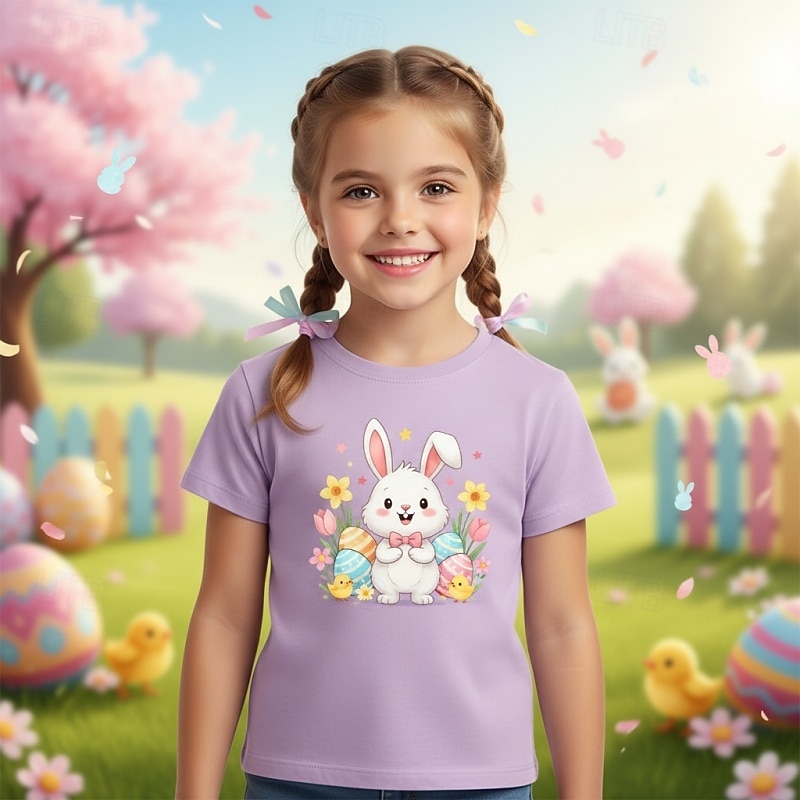 Пасха Девочки 3D Графика Кролик Футболка С короткими рукавами 3D печать Лето Весна Спорт Мода Уличный стиль Дети 4-12 лет Вырез под горло Повседневные на открытом воздухе Стандартный 2026 - $15.99 –P1