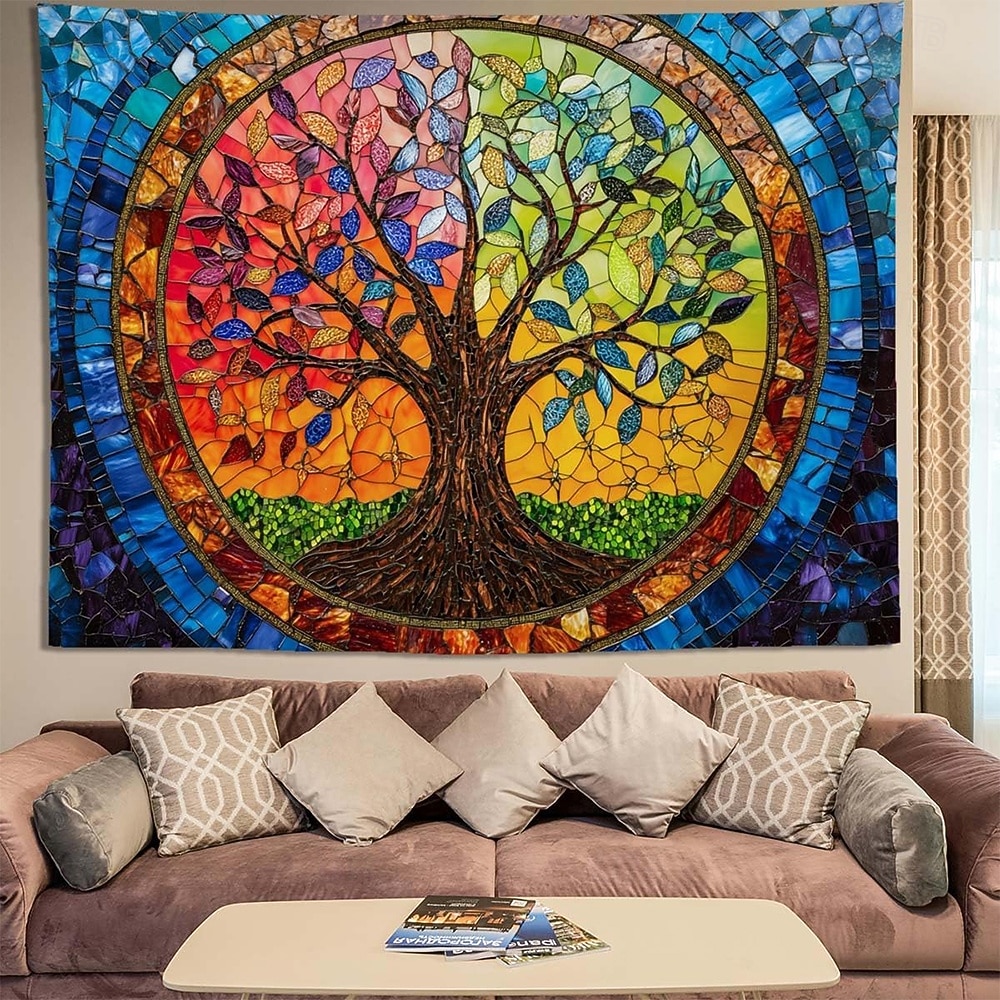 Wandteppich mit Lebensbaum-Motiv aus Buntglas im Mosaikstil, farbenfrohe und lebendige Kunst, Heimdekoration für Wohnzimmer und Schlafzimmer, großes Stoffposter 2026 - $20.99 –P1