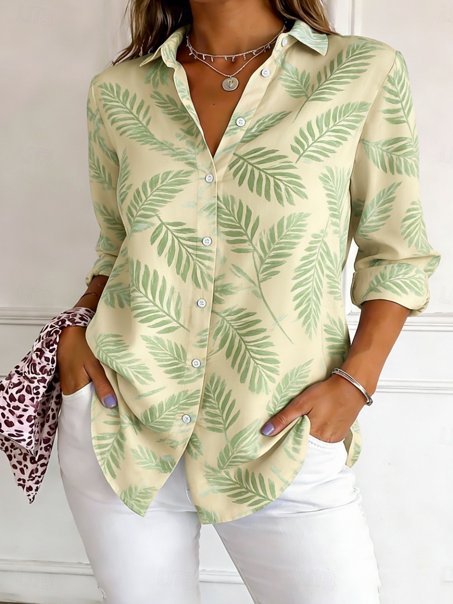 Per donna Camicia Camicia button-down Camicia casual Camicia da Spiaggia Stampato Grafico Foglia Elegante Classico Casual Manica Lunga Colletto a Camicia Top Regolari Quotidiano Ferie Uscire Giallo del 2026 a $38.99 –P4