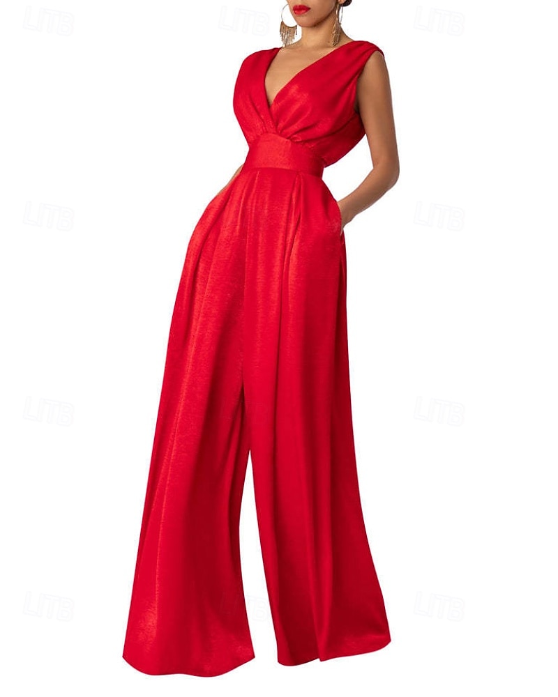 Per donna Normale Tuta Elegante Tinta unica Senza Maniche Gamba larga Scollo a V Pieghettato Vacanza Ferie Vestibilità regolare Nero Verde militare Rosso Estate del 2026 a $33.99 –P6