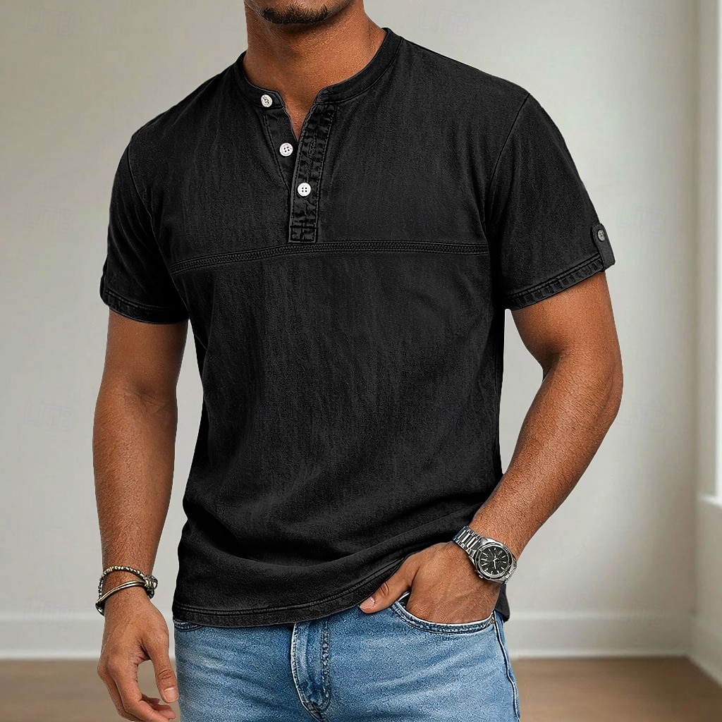 Men's Henley Shirt 100% Cotton Acid Wash Shirt Short Sleeve Henley Summer Spring Fall Plain Retro Vintage Casual Vintage Style Washed Casual Light Blue Dark Brown Black Top Tee for Men 2026 - $31.99 –P6