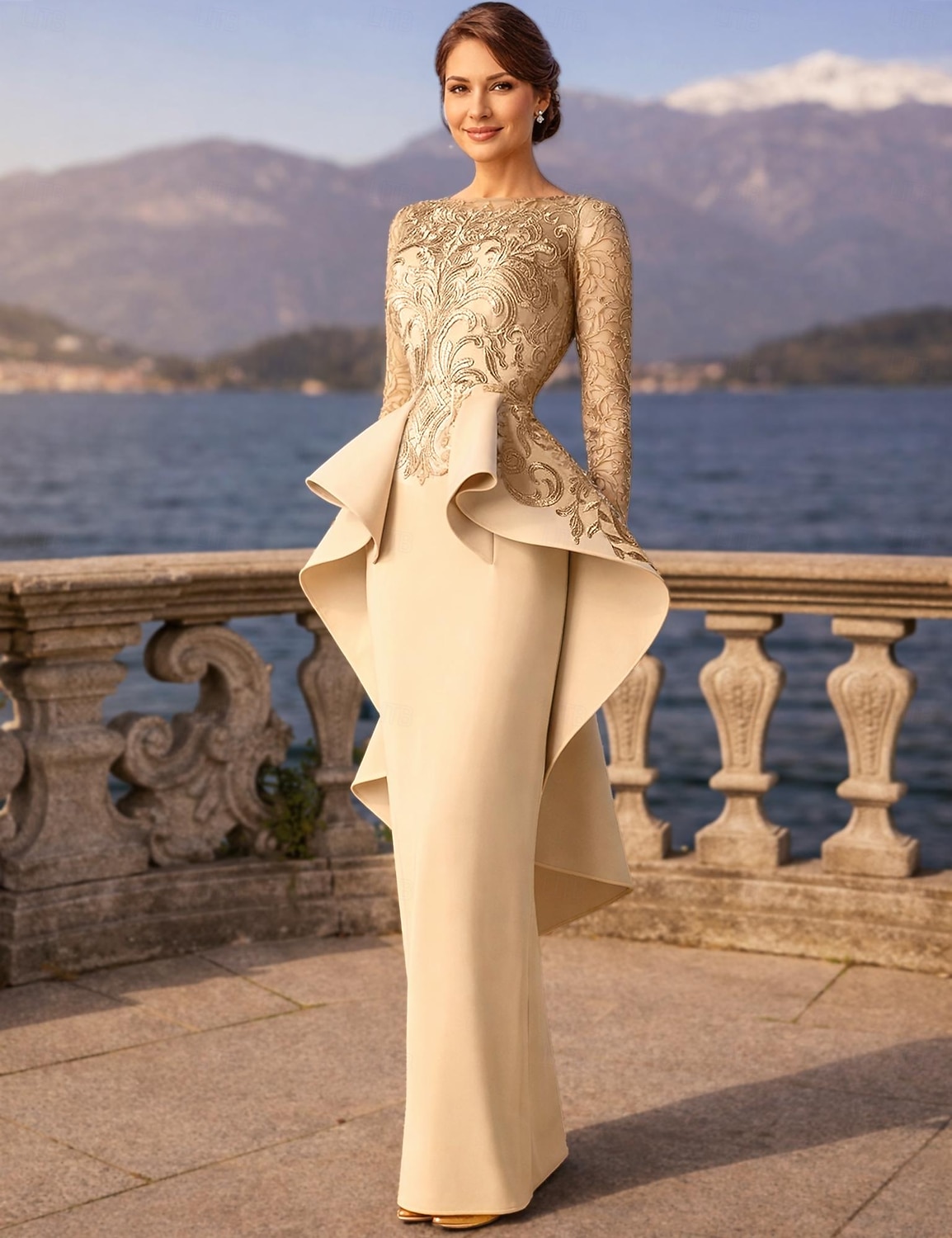 Tubinho Longo Vestido de convidada de casamento Vestido formal Vestido de noite Vestido Para Mãe dos Noivos Manga Longa Scoop pescoço Elegante Festa Formal Convidado do casamento Renda Tecido Que de 2026 por $236.49 –P1