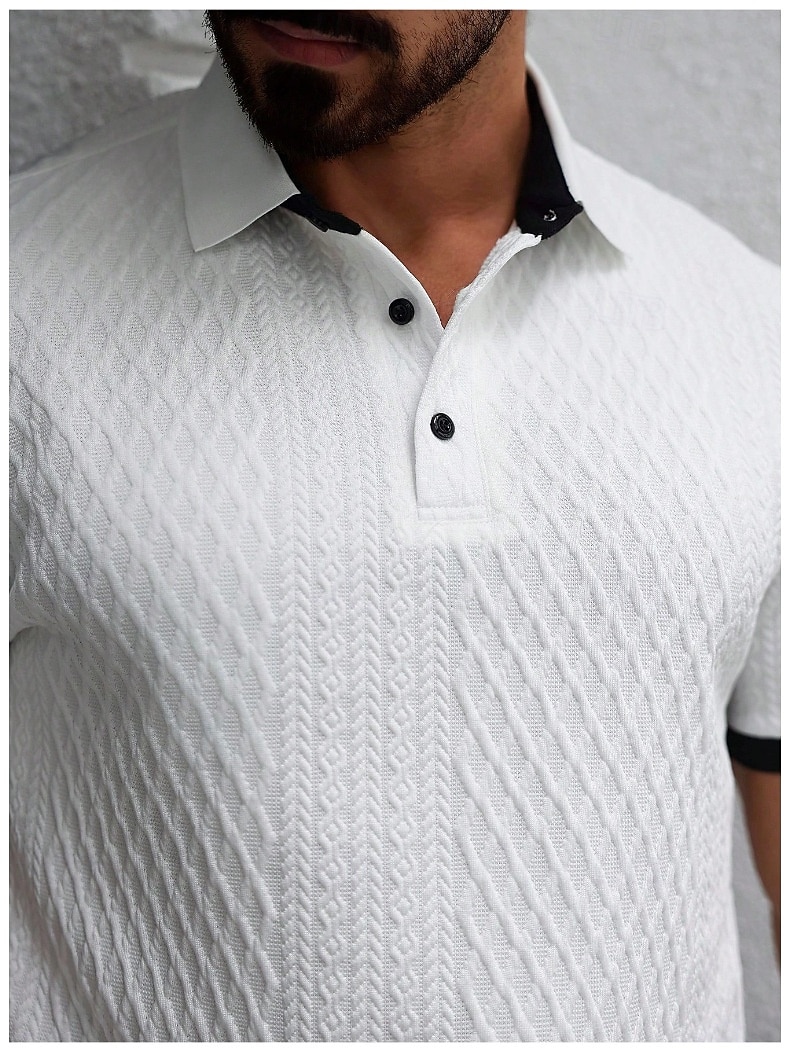 Herre Poloskjorter Med Tekstur Avslappet Virksomhet Ribbet polokrage Klassisk Kortermet Mote Grunnleggende Helfarge Jacquardvevnad Knapper Sommer Vår Vår & Vinter Normal Hvit Beige Poloskjorter 2026 - $25.99 –P5