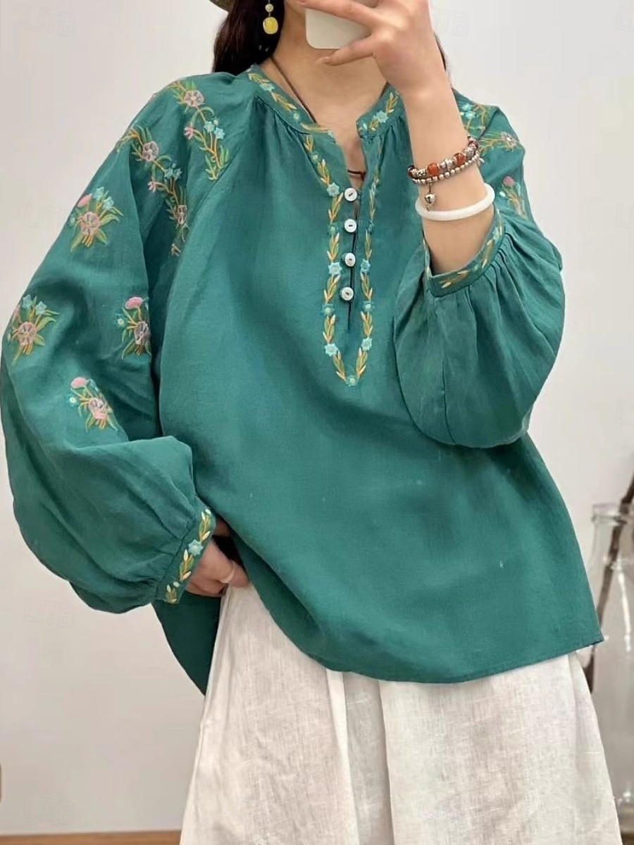 Women's Cotton Linen Shirts Faux Cotton Linen Embroidered Floral Basic Casual Long Sleeve Crew Neck Regular Tops Daily Pink Fuchsia Green Beige Summer Spring Fall 2026 - $25.99 –P5
