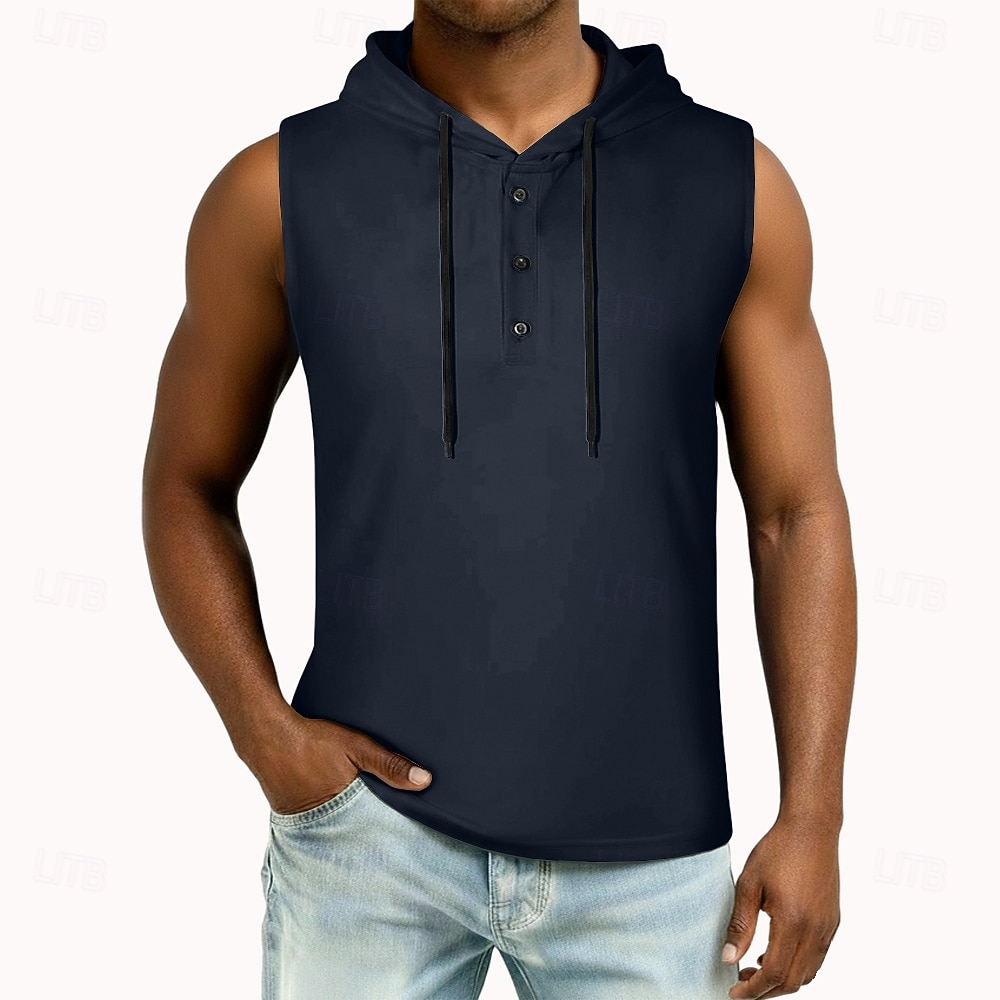 2026年 男性 ベストトップ ヘンリーパーカー ティートップ ノースリーブ フード付き 夏 純色 平織り ファッション デザイナー ベーシック ボタン フード付き カジュアル バケーション ストリート ブルー ブラック ホワイト メンズトップTシャツ  コレクション – $16.49 –P8