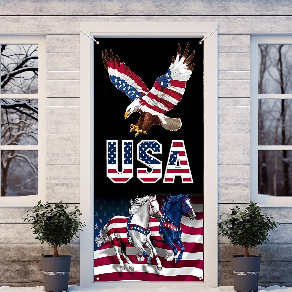 Bandeira patriótica do Dia da Independência dos EUA para porta, com a bandeira americana, águia e cavalo, decoração para o Quatro de Julho, placa para varanda, decoração para casa e exterior. de 2026 por $17.99 –P2