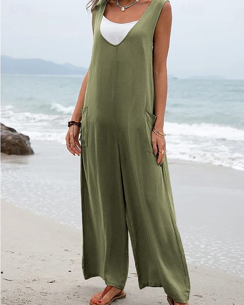 Per donna Normale Tuta Attivo Tinta unica Senza Maniche Gamba larga Scollo a V Tasca Quotidiano Vacanza Vestibilità comoda Nero Rosa Verde Estate del 2026 a $28.99 –P11