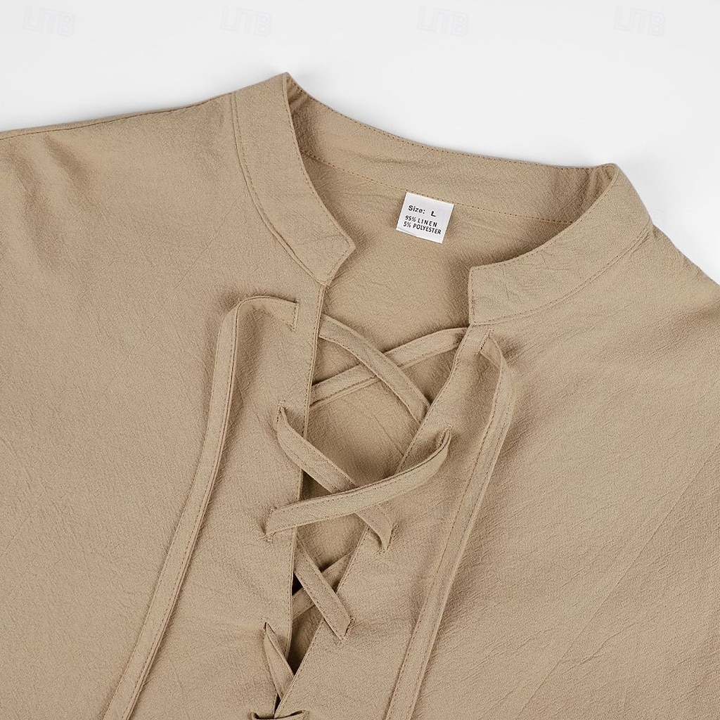 Муж. Рубашка Льняная рубашка Стиль Викингов Летняя рубашка Одежда для пляжа Рубашка с воротником-стойкой Сплошной цвет Повседневные Отпуск Черный Белый Зеленый Цвет хаки Длинный рукав 2026 - $12.49 –P11