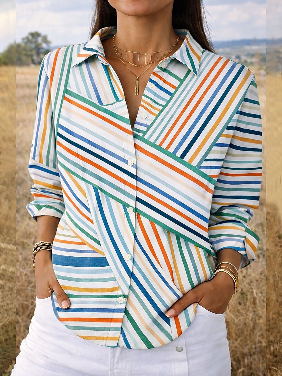Camisa de Mujer Lino Similar Transpirable Ligera Gráfico Geométrico Elegante Vintage Tropical Manga Larga Cuello Tops Regulares Diaria Trabajo Botones Impresión Blanca Amarilla Naranja Marrón Verano 2026 - $37.99 –P3