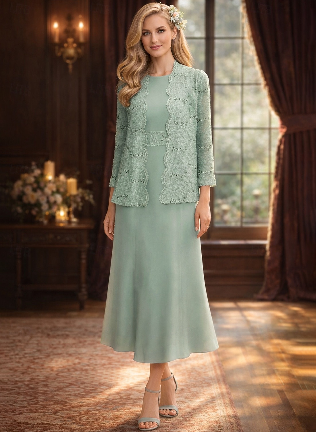 Duas Peças Linha A Até o Tornozelo Vestido de convidada de casamento Vestido Para Mãe dos Noivos Manga Longa Decote Canoa Elegante Simples Luxuoso Formal Convidado do casamento Chiffon com Renda de 2026 por $160.99 –P1