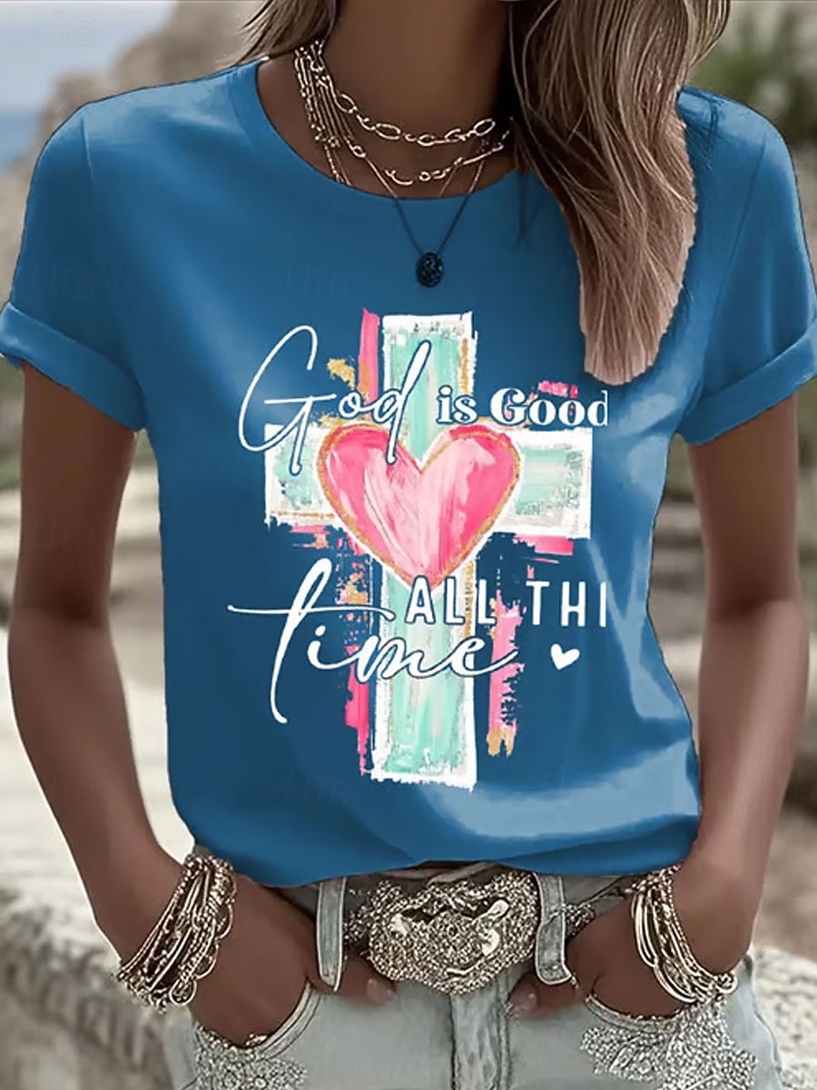 Damen T Shirt Druck Grafik Buchstabe Vintage Stilvoll Klassisch Kurzarm Rundhalsausschnitt Normale Oberteile Täglich Blau Schwarz Weiß Rosa Sommer Frühling 2026 - $22.99 –P4