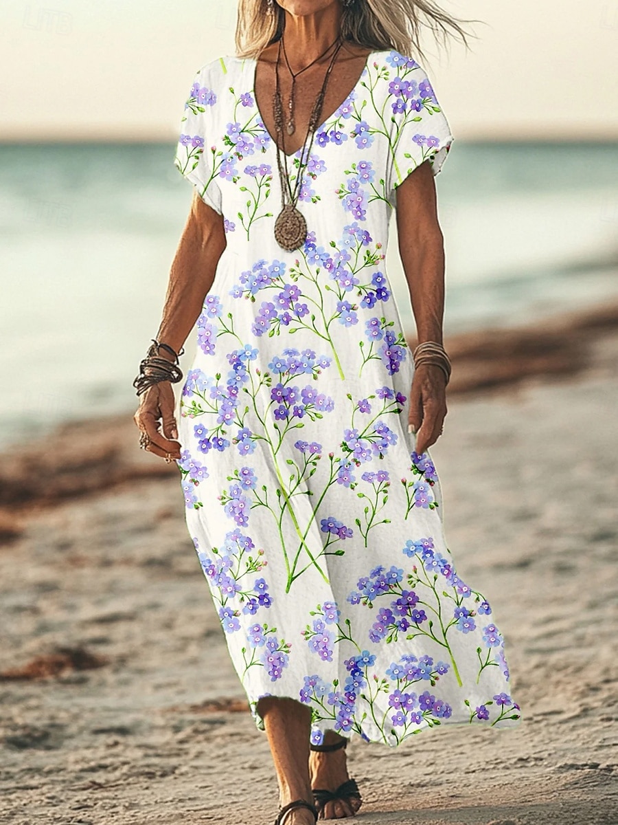 Per donna Abito maxi Vestito Estivo Vestito T-Shirt Abito a trapezio Vacanza Casual Spiaggia Uscire Vestibilità comoda Floreale Grafico Manica Corta Scollo a V Giallo Viola Verde Estate Primavera del 2026 a $27.99 –P2