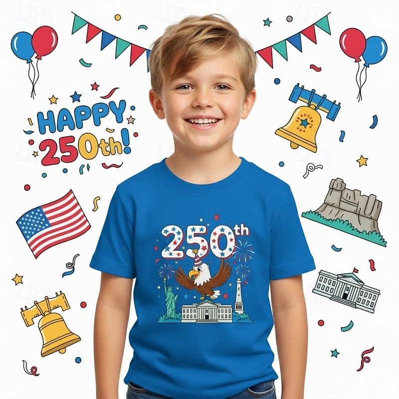 100% Cotone Bambini Ragazzi Blu Nero Bianco Grafico Aquila 250° anniversario Maglietta Blusa Girocollo Manica Corta All'aperto Abbigliamento Quotidiano Moda Streetwear Designer Stampa Estate del 2026 a $19.99 –P5