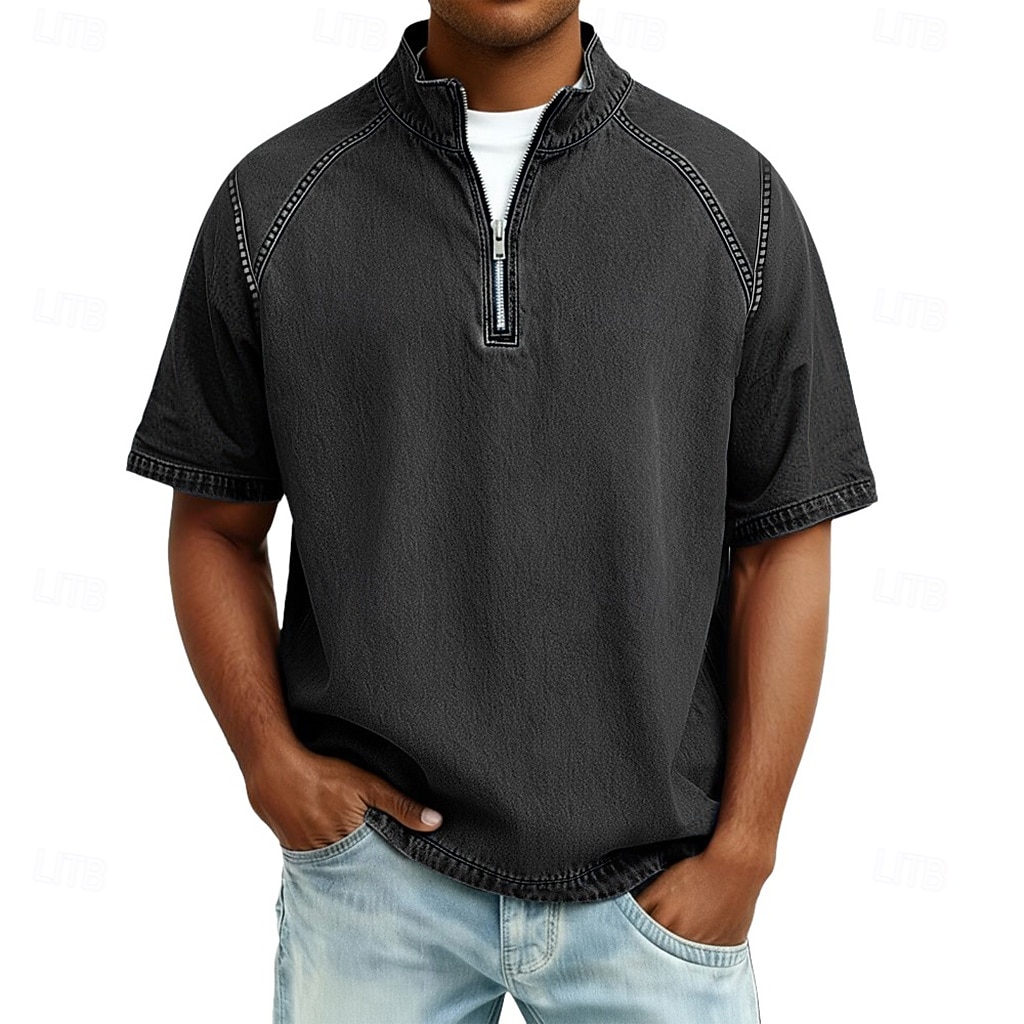 Heren Overhemd van 100% katoen met zure wassing T-shirt Korte mouw Opstaand Herfst winter Lente Herfst Effen Vintage Streetwear Casual Rits omhoog Kledingstuk geverfd Standaard Casual Huis Straat 2026 - $31.99 –P10