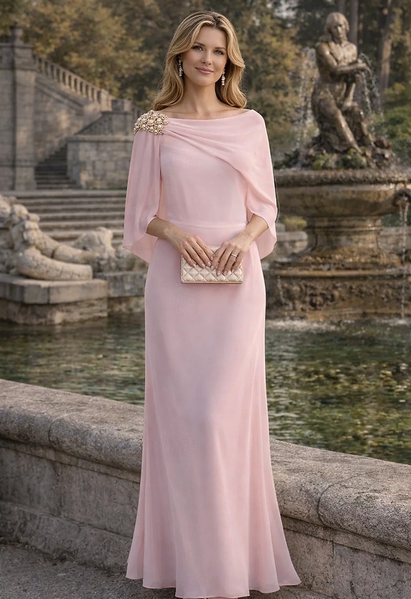 Linea ad A Abito Lunghezza al pavimento Abito da invitata a nozze Abito Formale Abito da sera Abito da cerimonia per signora Manica 3/4 Scollo a Barca Elegante Semplice Minimalista Formale Chiffon del 2026 a $149.99 –P1