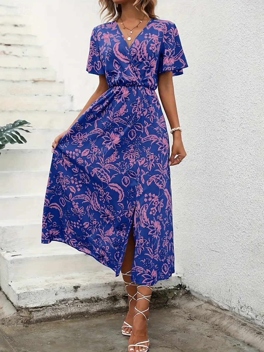 Per donna Abito Lungo Maxi Abito Abito Floreale Abito Boho Elegante Moda Moderno Quotidiano All'aperto Vacanza Vestibilità regolare Floreale Manica Corta Scollo a V Viola Verde Estate Primavera del 2026 a $22.99 –P7