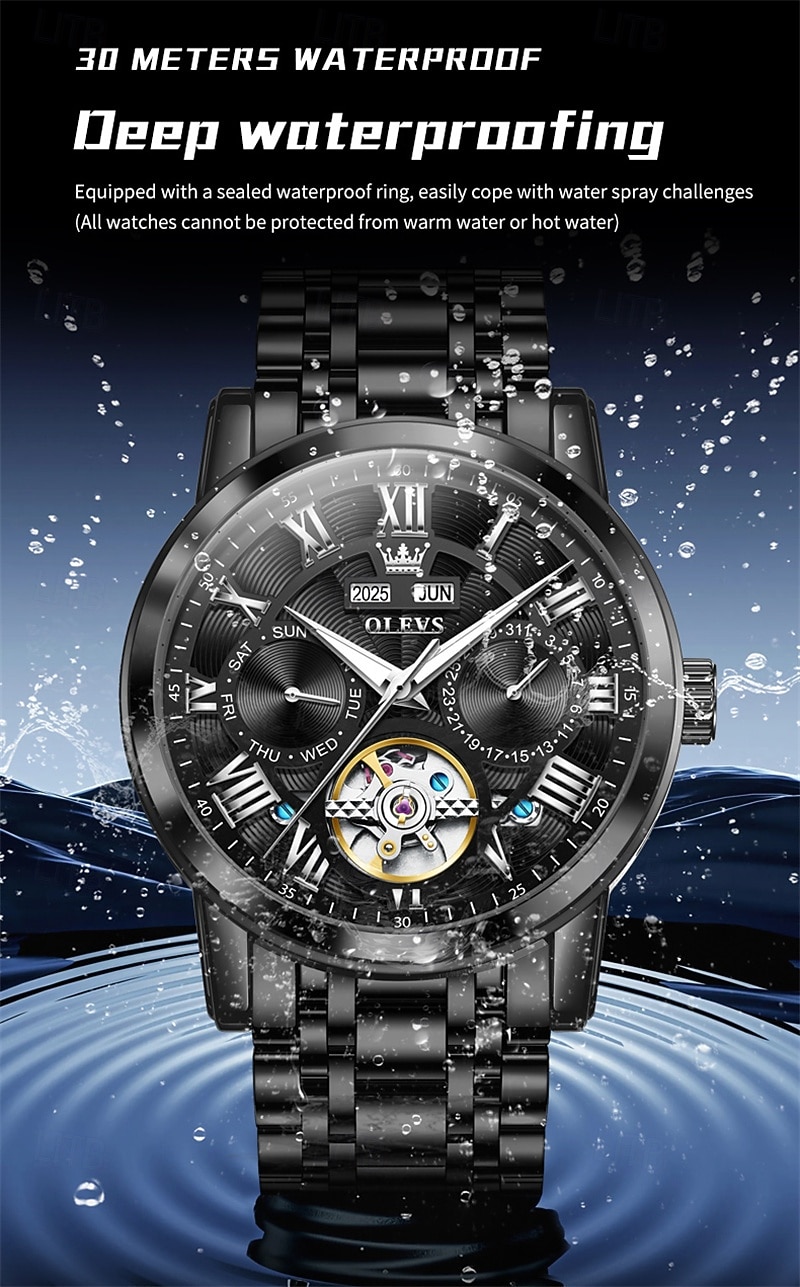 Новые мужские деловые часы Olevs с люминесцентным дисплеем, вечным календарем, календарем и отображением недели. Полностью механические часы с полым ротором для повседневного использования, 2026 - $97.99 –P2