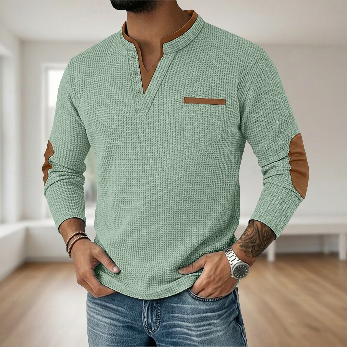 Miesten Vohveli tee Vohveli Henley-paita Pitkähihainen V kaula-aukko Henley Syksy 봄 & Syksy Yhtenäinen väri Muoti Perus Vapaa-aika väärennetty kaksiosainen Kausaliteetti Katu Urheilu Vaalean sininen 2026 - $25.99 –P10