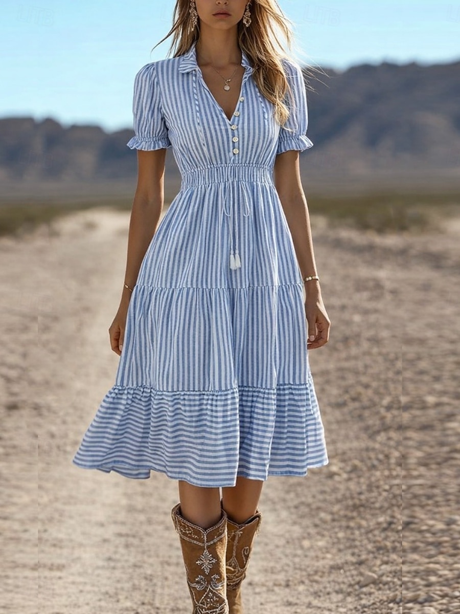 Per donna Abito Midi Finto cotone e lino Abito a trapezio Casual Quotidiano Vestibilità regolare Plaid Manica Corta Bavero Blu Estate Primavera Autunno del 2026 a $39.99 –P1