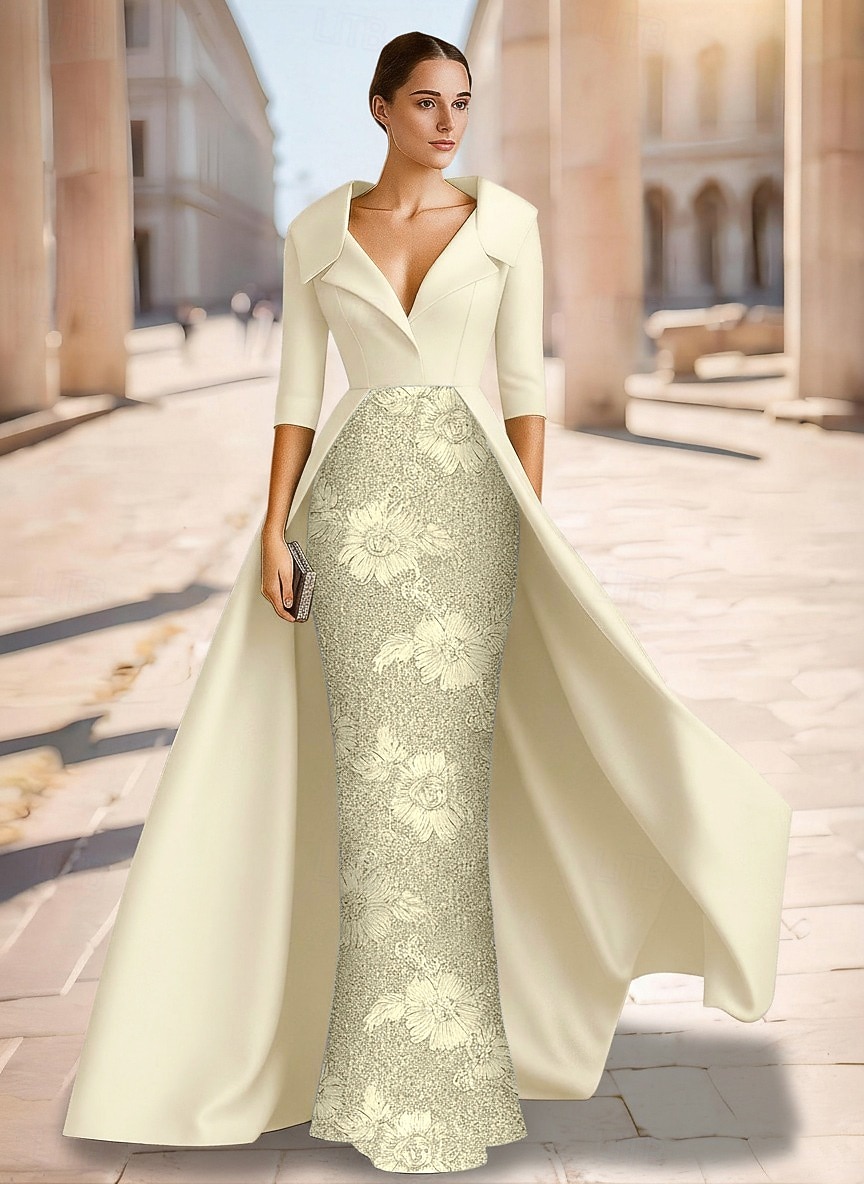 Sheath Column Floor Length Beaded Eembroidered Formal Dresses Mother of the Bride Dress Evening Gown Ball Gown with Overskirt Formal Dress Elegant Sparkle Silky 3/4 Length Sleeve Lapel Wedding Formal 2026 - $195.99 –P5