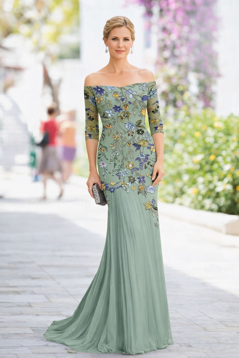 Mermaid Trumpet Floor Length Cocktail Dress Wedding Guest Dress Mother of the Bride Dress Half Sleeve Off Shoulder Elegant Simple Casual Formal Chiffon Lace with Pleats Embroidery Appliques 2026 - $183.99 –P4
