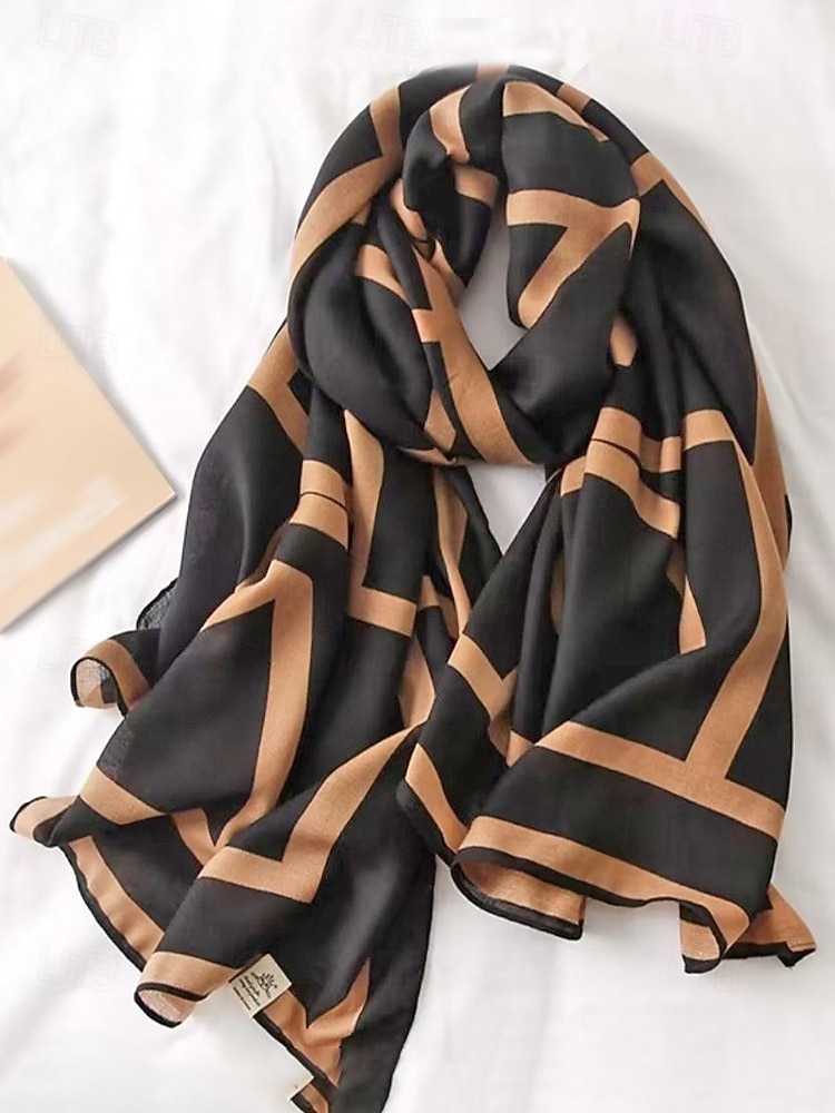 Elegante bufanda geométrica de poliéster para mujer, elegante chal negro y marrón para desplazamientos y uso diario informal, suave y ligero, ideal para la oficina y viajes, accesorio versátil para todas las estaciones. 2026 - $14.99 –P5
