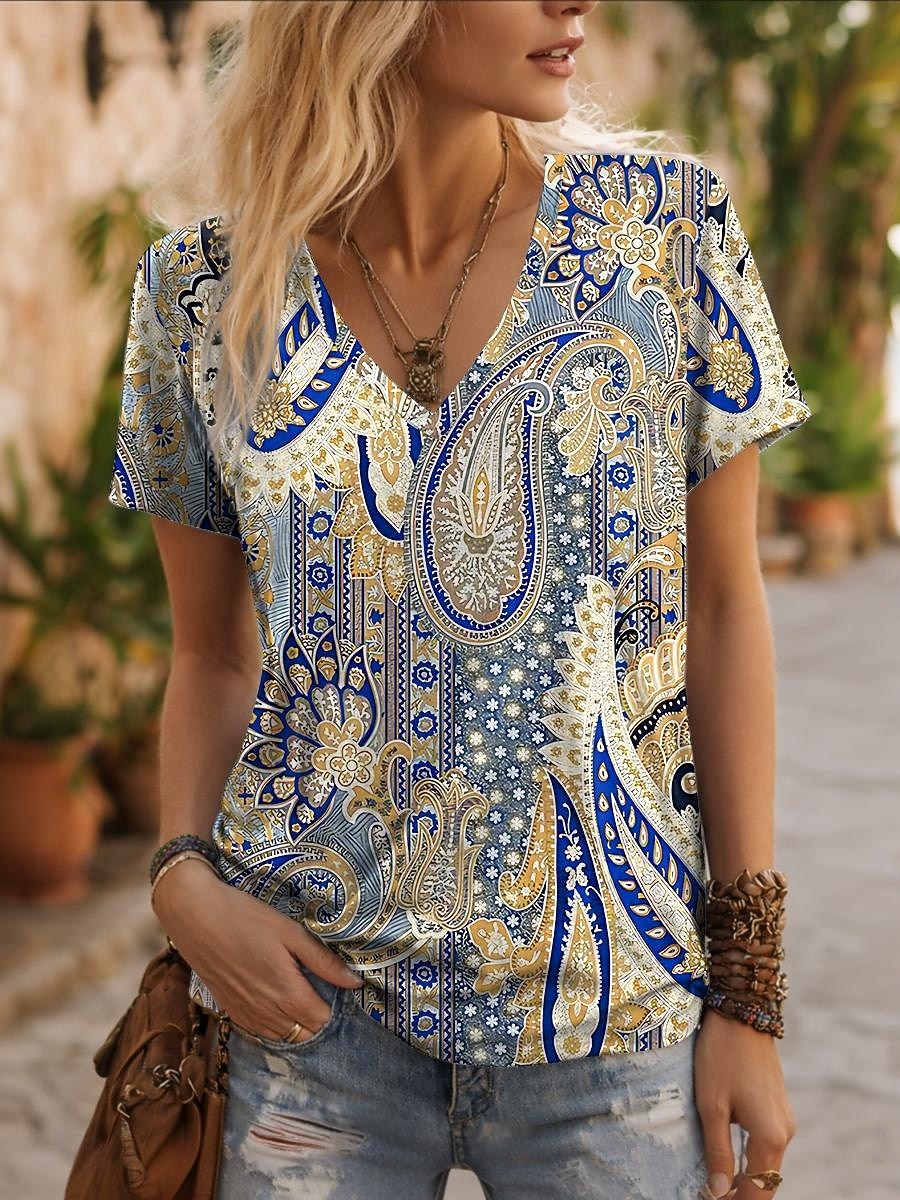 Γυναικεία Μπλουζάκι Στάμπα Γραφική Λαχούρι Βίντατζ Στυλάτο Καθημερινό Κοντομάνικο Λαιμόκοψη V Κανονικά μπλουζάκια Καθημερινά Θαλασσί Κίτρινο Βυσσινί Καλοκαίρι Άνοιξη 2026 - $21.99 –P1